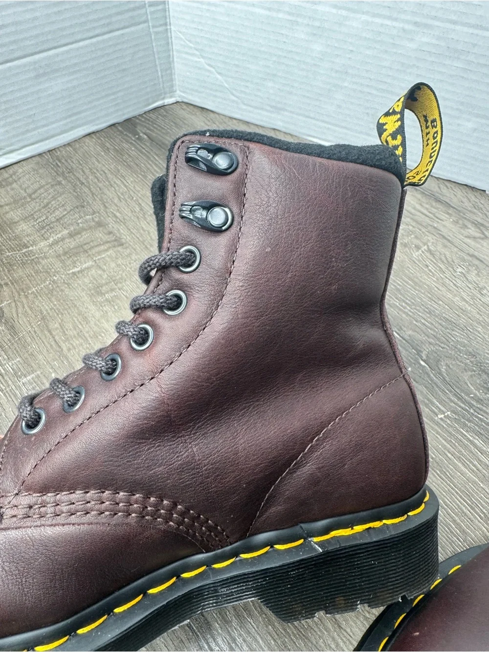 Dr. Martens Men’s Oxblood Leather 6-Eye Lace-Up Boots with Yellow Stitching